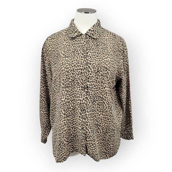Allison Taylor Woman Leopard Animal Print Silk Blouse Button Front Long Sleeves - Picture 1 of 14